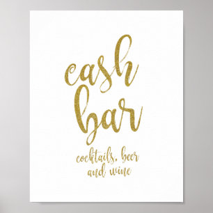 Pôster Sinal de Casamento Cash Bar Gold Glitter 8x10