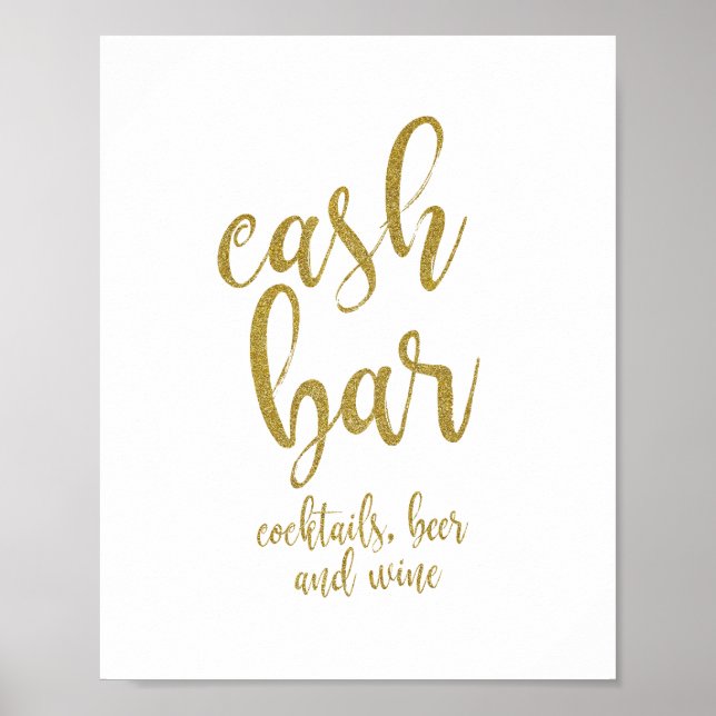Pôster Sinal de Casamento Cash Bar Gold Glitter 8x10 (Frente)