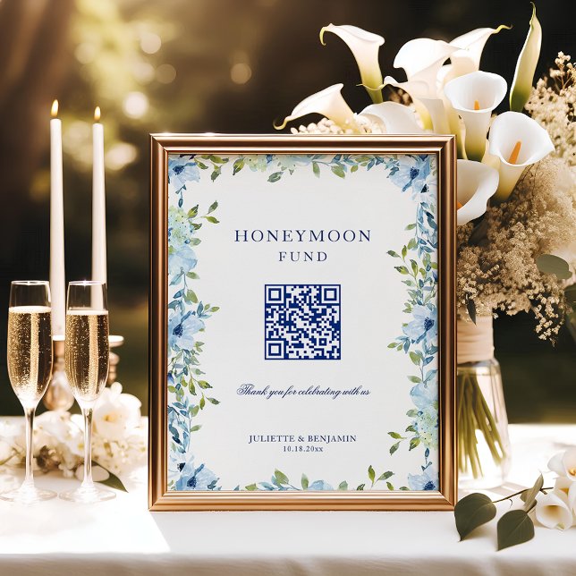 Poster Sinal de Casamento Código QR Presente de Lua de Me (Dusty blue, floral Honeymoon Fund wedding sign to ask for cash gifts with tact)