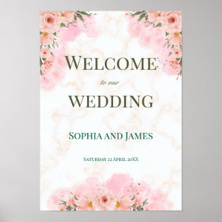 Poster Sinal de Casamento com Flores Rosa Românticas