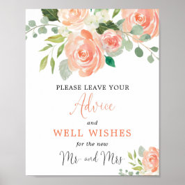 Poster Sinal de casamento com folhagem em pêssego com con