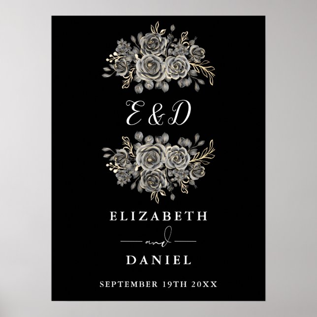 Poster Sinal de Casamento com Monograma Floral Gótico Chi (Frente)
