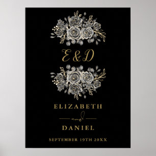 Poster Sinal de Casamento com Monograma Floral Gótico em