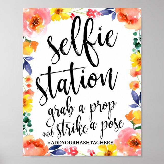 Poster Sinal de Casamento da Estação Selfie Floral Waterc (Frente)