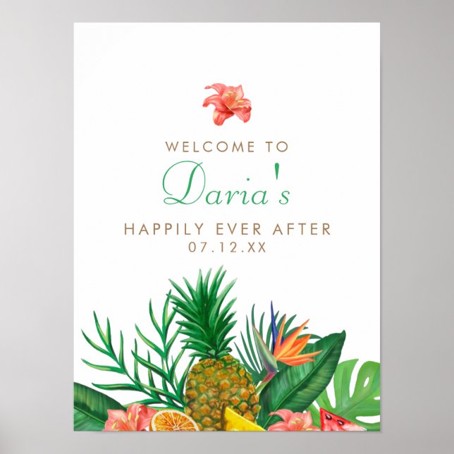 Poster Sinal de Casamento de Abacaxi Tropical (Frente)