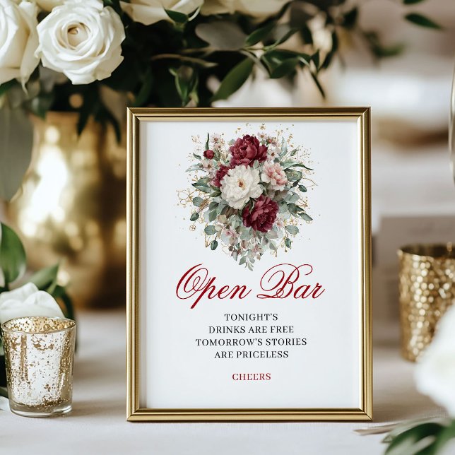 Poster Sinal de Casamento de Bar Aberto com Blush Premium (Premium Blush Burgundy Open Bar Wedding Sign)