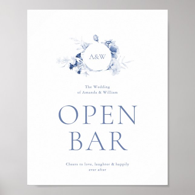 Poster Sinal de Casamento de Bar Aberto Floral Azul Dusty (Frente)