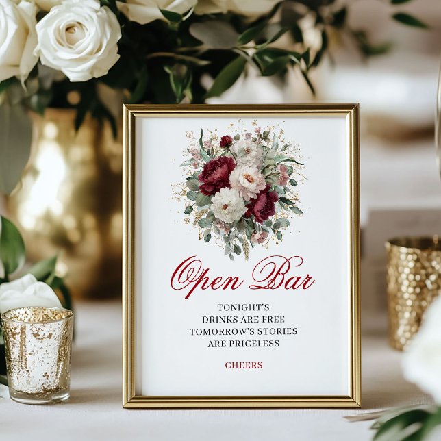 Poster Sinal de Casamento de Barra Aberta Burgundy Blush  (Opulent Blush Burgundy Open Bar Wedding Sign)