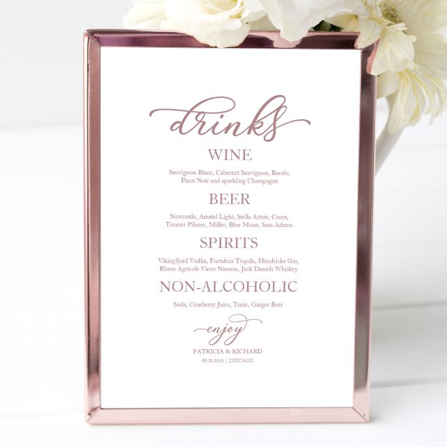 Poster Sinal de casamento de Drinks Bar Rose Gold Script (Criador carregado)