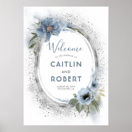 Poster Sinal de Casamento de Dusty Blue e Silver Glitter