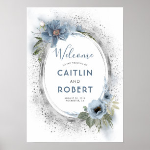Poster Sinal de Casamento de Dusty Blue e Silver Glitter