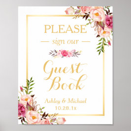 Pôster Sinal de Casamento de Guestbook | Chic Floral Eleg