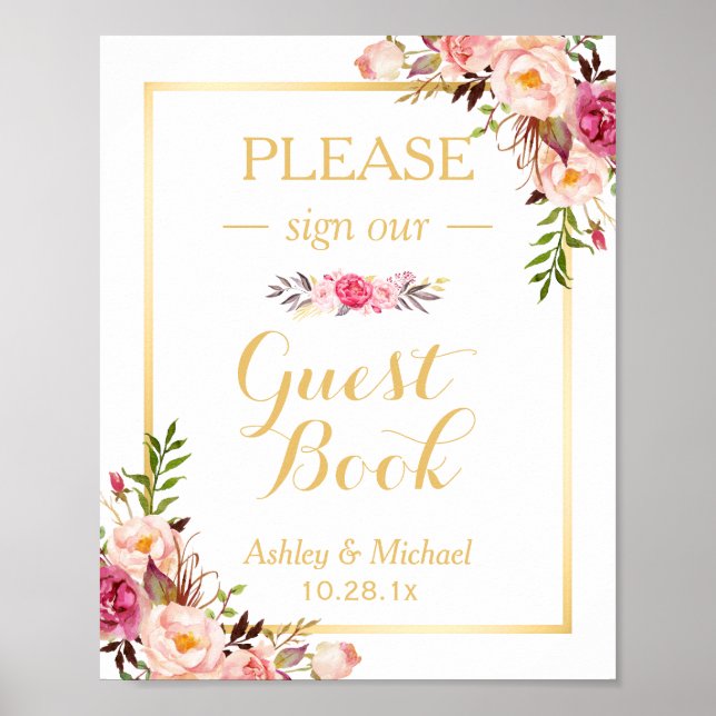 Pôster Sinal de Casamento de Guestbook | Chic Floral Eleg (Frente)