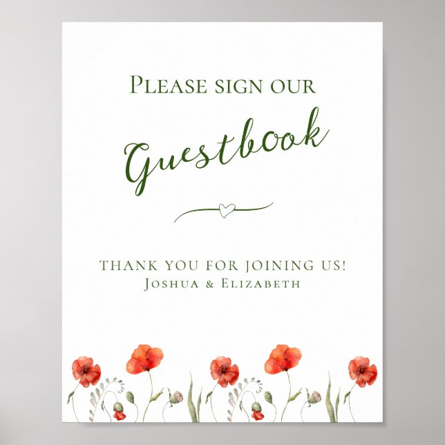 Poster Sinal de Casamento de Guestbook de Poppies Minimal (Frente)