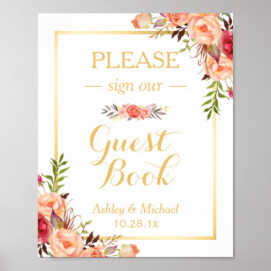 Poster Sinal de Casamento de Guestbook Floral Laranja D