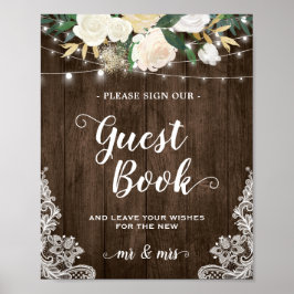 Pôster Sinal de Casamento de Guestbook Rústico de Madeira
