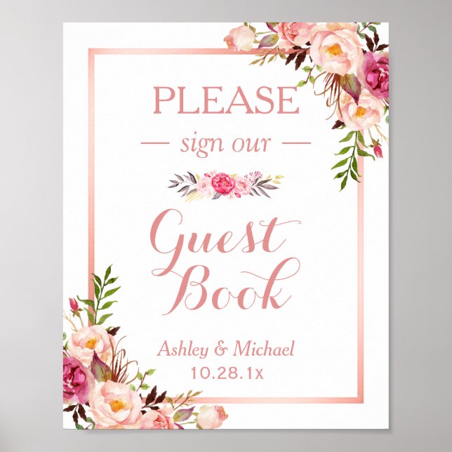 Poster Sinal de Casamento de Guestbook | Trendy Rosa Dour (Frente)
