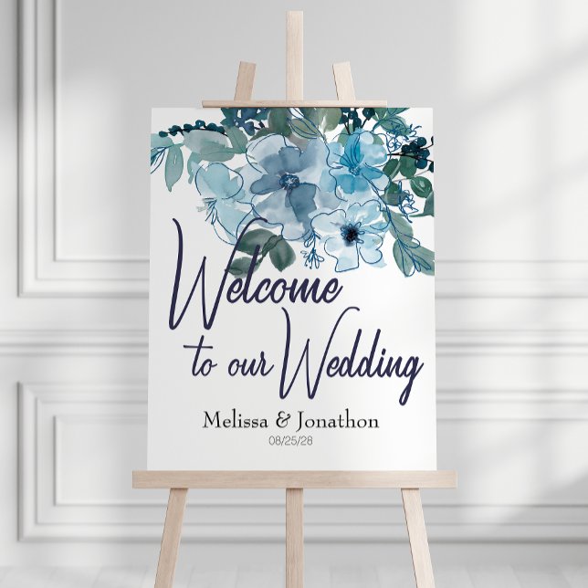 Poster Sinal de Casamento de Rosas Azuis Pastel Modernas (Criador carregado)