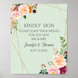 Poster Sinal de casamento de Rosas Blush & Burgundy