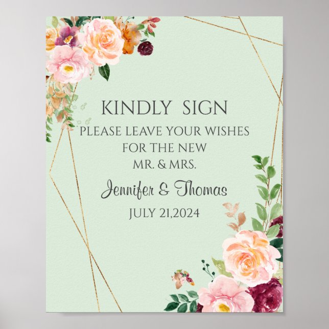 Poster Sinal de casamento de Rosas Blush & Burgundy (Frente)