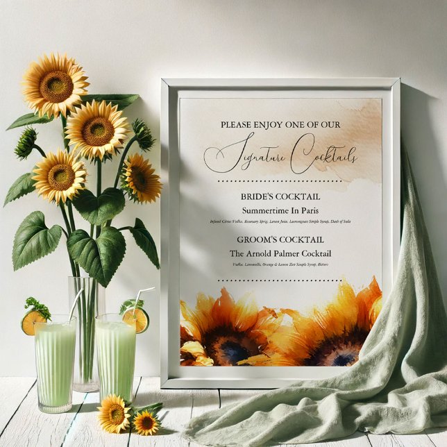 Poster Sinal de Casamento de Sinal de Girassol (sunflower wedding decor signature cocktails)