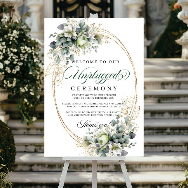 Poster Sinal de Casamento Desconectado em Verde Sálvia (Sage Green Greenery Unplugged Wedding Sign)