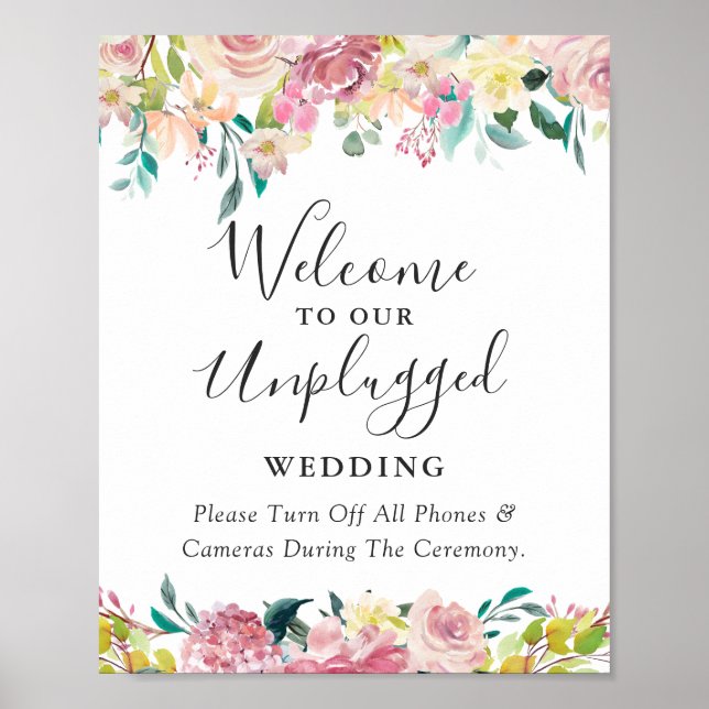 Poster Sinal de Casamento Desconectado Floral Pastel (Frente)