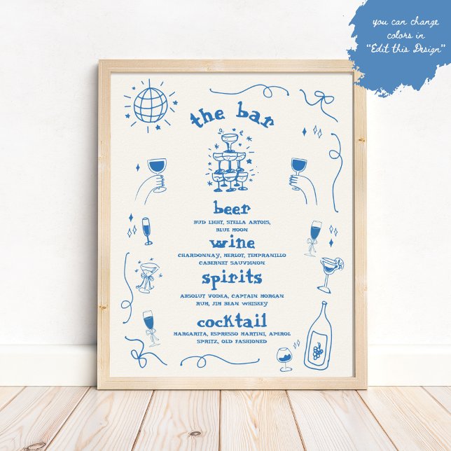 Poster Sinal de Casamento do Menu de Bar Whimsical Desenh (Criador carregado)