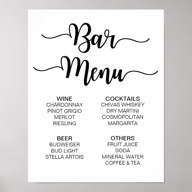 Pôster Sinal de Casamento do Menu do bar | Caligrafia mod (Frente)