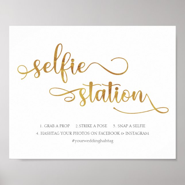 Poster Sinal de Casamento Elegante "Selfie Station" doura (Frente)