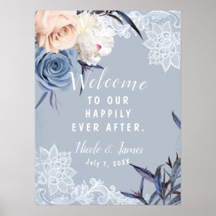 Poster Sinal de Casamento em Renda Floral Cinza Poeira Az
