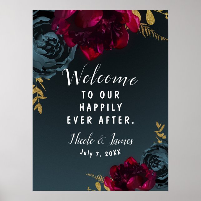 Poster Sinal de casamento floral azul escuro com folhagem (Frente)