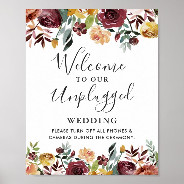 Poster Sinal de Casamento Floral Borgonha Sem Celulares (Frente)
