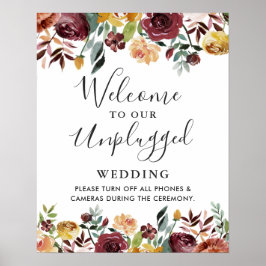 Poster Sinal de Casamento Floral Borgonha Sem Celulares