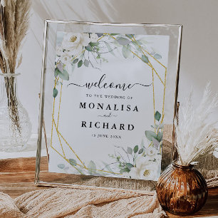 Poster sinal de casamento floral branco de ouro geométri