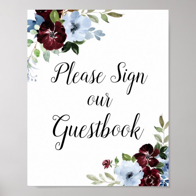 Poster Sinal de casamento floral de burgundy azul Dusty (Frente)