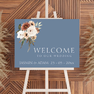 Poster Sinal de Casamento Floral de Pêssego Azul Elegante
