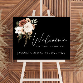 Poster Sinal de Casamento Floral de Pêssego e Preto Russo