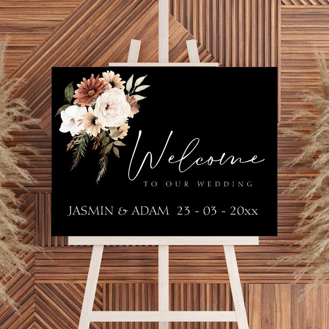 Poster Sinal de Casamento Floral de Pêssego e Preto Russo (Rustic Black and Peach Floral Wedding Sign)