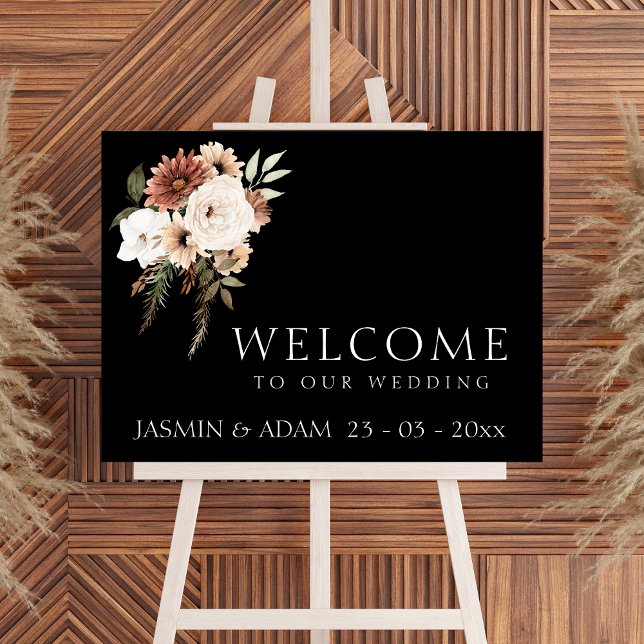 Poster Sinal de Casamento Floral de Pêssego e Preto Russo (Rustic Black and Peach Floral Wedding Sign)