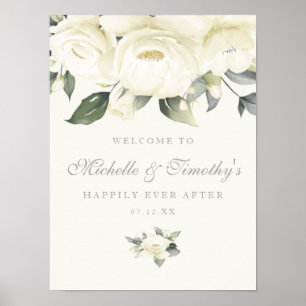 Poster Sinal de Casamento Floral de Rosa Branca