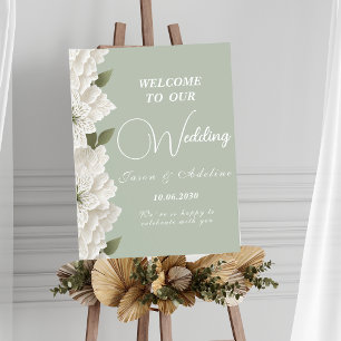 Poster Sinal de Casamento Floral Elegante em Verde Sálvia