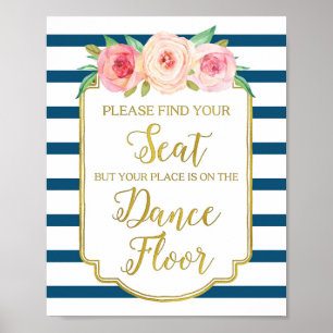 Pôster Sinal de Casamento Floral em Aquarela Rosa Dourado