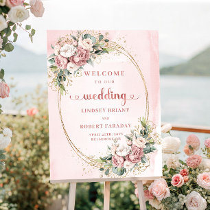 Poster Sinal de Casamento Floral Rosa Poeirento Dourado M