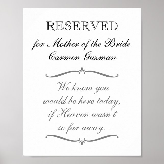 Poster Sinal de Casamento Memorial Mãe da Noiva Reservado (Frente)