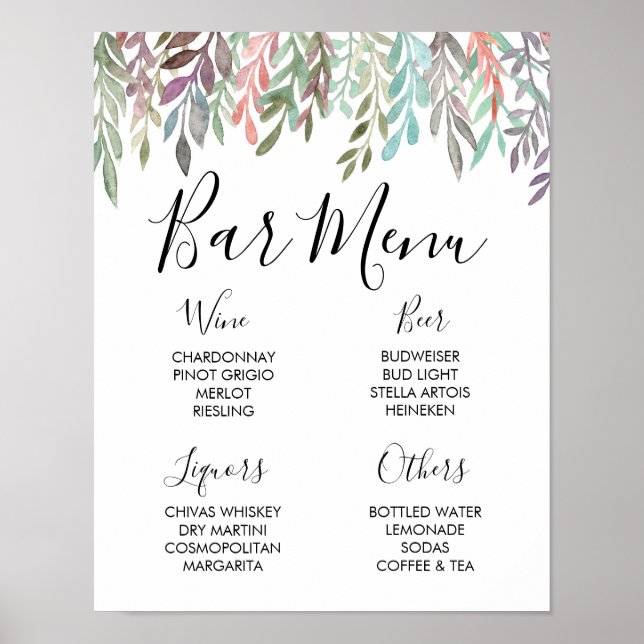 Poster Sinal de Casamento – Menu do Bar Aquarela Sinal de (Frente)