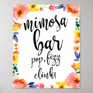 Poster Sinal de Casamento Mimosa Bar Floral Watercolor 8x