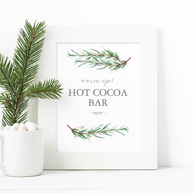 Poster Sinal de casamento no inverno Sinal de Bar de Choc (Winter wedding hot cocoa bar sign features simple watercolor pine bough art by Victoria Grigaliunas)