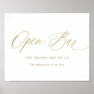 Poster Sinal de Casamento Open Bar Gold Caligrafia Elegan