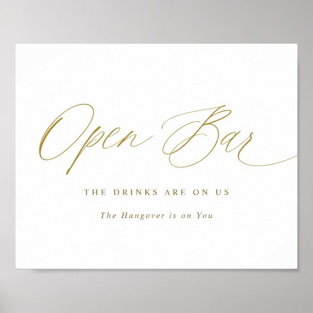 Poster Sinal de Casamento Open Bar Gold Caligrafia Elegan (Frente)